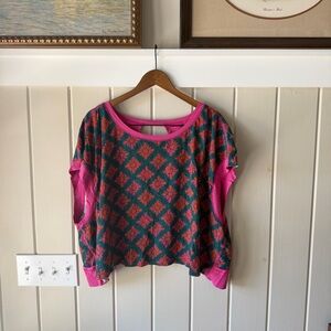 NWT NATURAL LIFE Teal Floral Print with Pink Trim Top, Open Back, Size XL